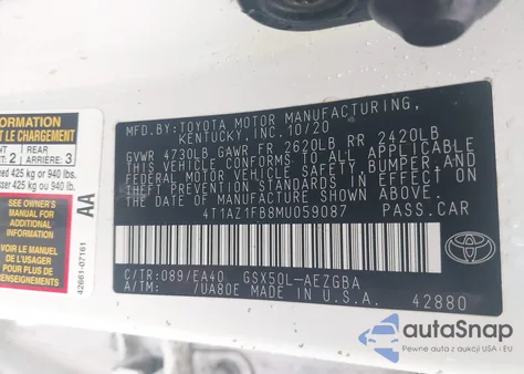 2021 Toyota Avalon Xle из США, поврежденный, VIN 4T1AZ1FB8MU059087